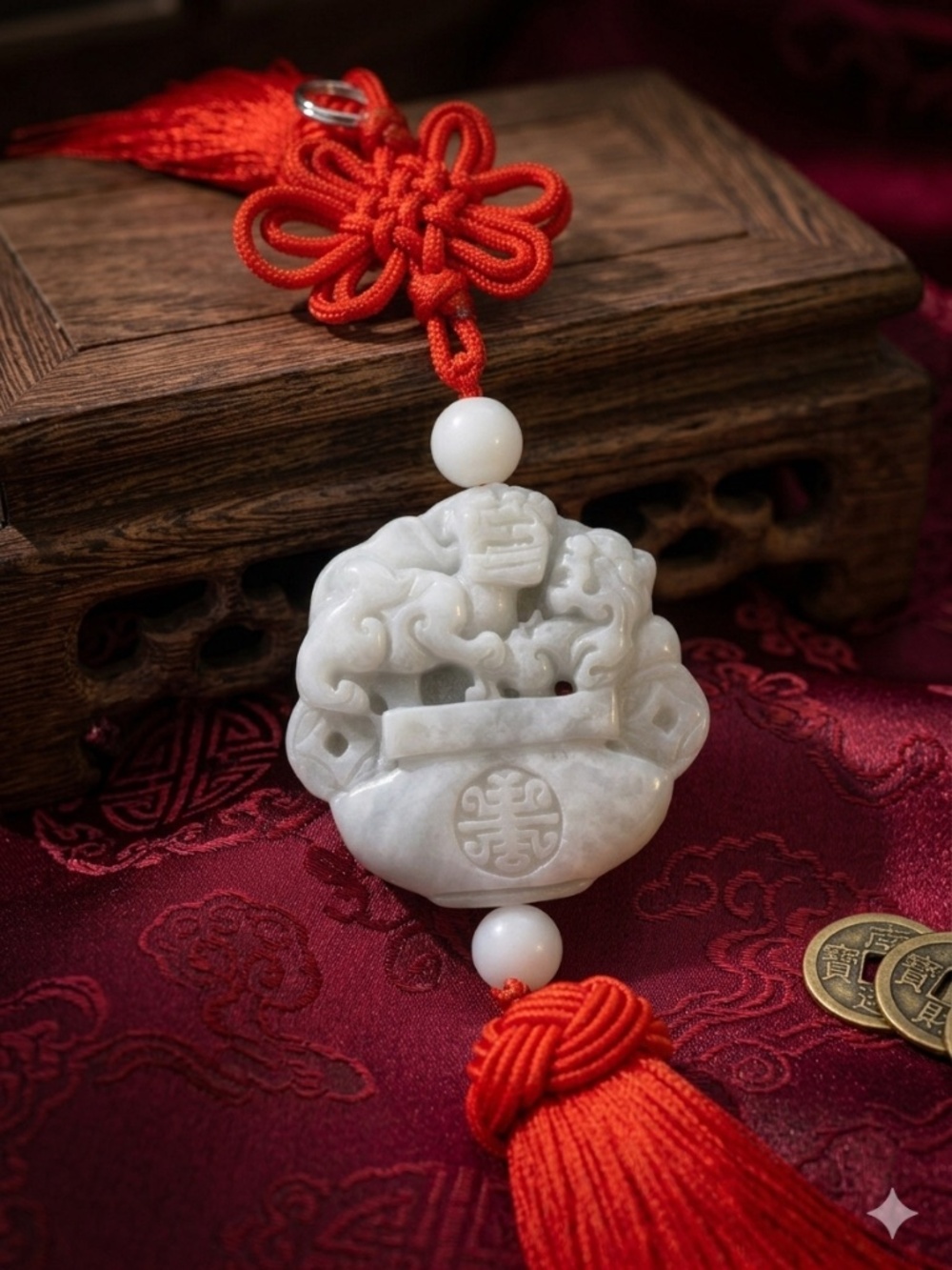 Carved Yunan Jade Amulet with a Red Chinese Knot and Tassel